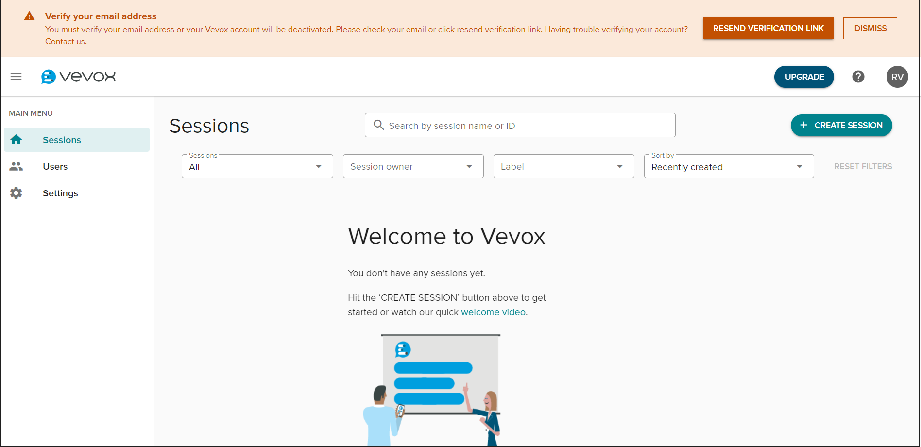 Welcome screen in dashboard with verification email message.png