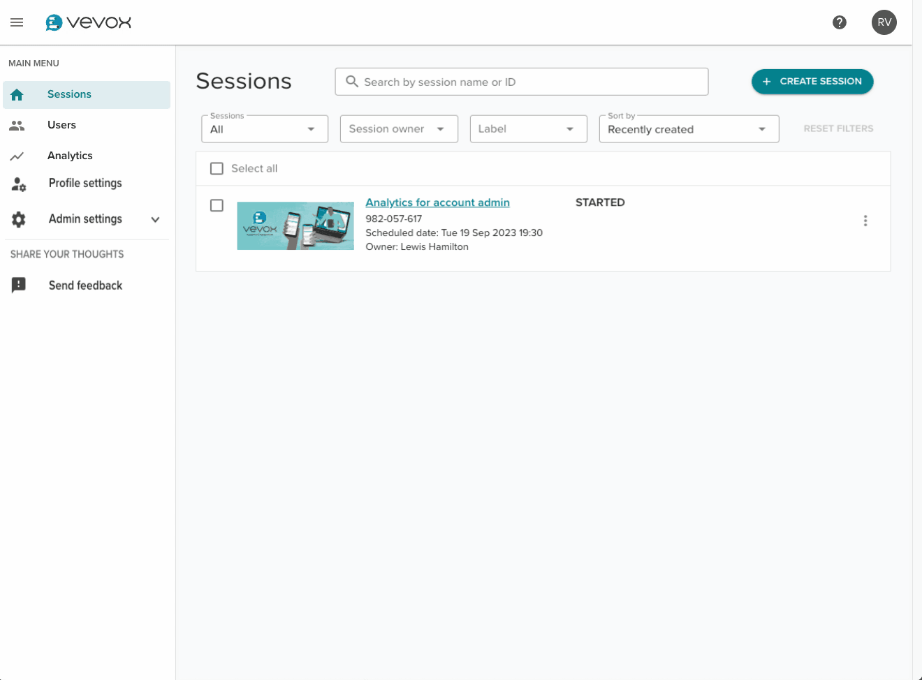 Analytics for account admin with new session list UI.gif